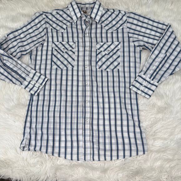 Ely Cattleman Men's Plaid Pearl Snap Western Shirts Size M Blue White - Picture 11 of 16